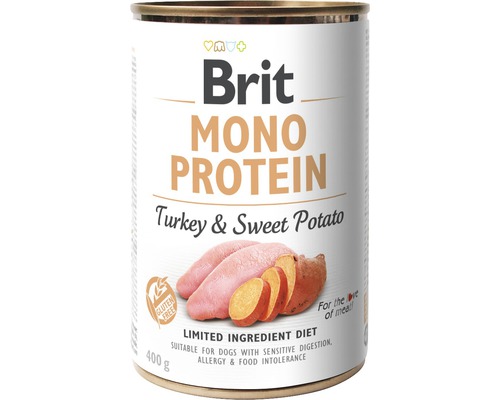 Konzerva pro psy Brit Mono Protein Turkey & Potato 400 g Brit Mono Protein psí krmivo s krůtím masem a sladkými bramborami v konzervě