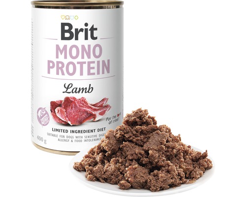 Brit Monoprotein jehněčí psí krmivo plechovka s porcí na talíři