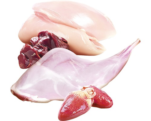 Králičí stehno s vnitřnostmi a kuřecími prsy