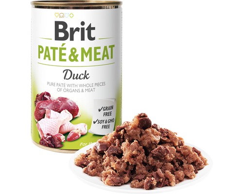 Brit psí paštika a maso s kachnou v konzervě a na talíři
