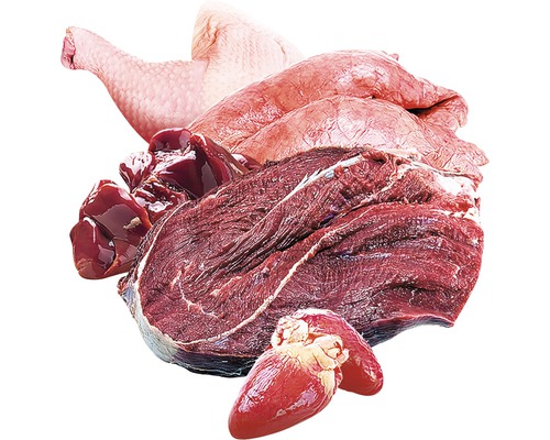 Různé druhy syrového masa, včetně drůbeže a vnitřností