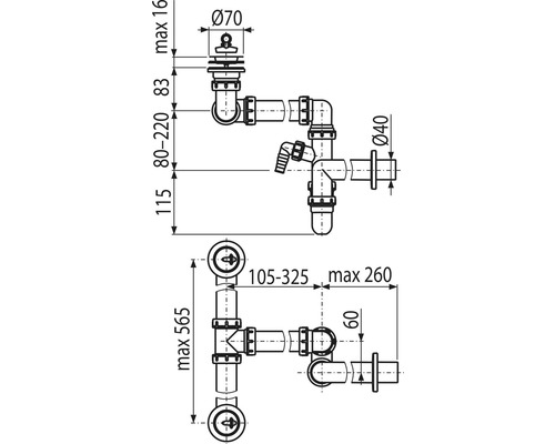 Technický nákres sifonu s rozměry