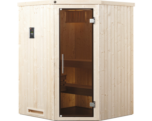 Dřevěná sauna se skleněnými dveřmi a ovládacím panelem