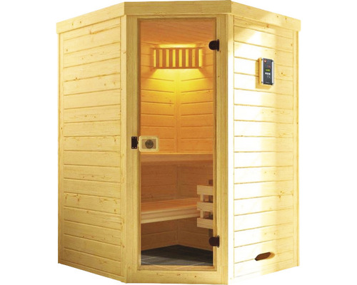Dřevěná sauna se skleněnými dveřmi a ovládacím prvkem
