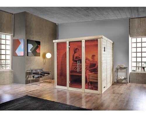 Sauna z masivního dřeva Weka Kemi Panorama vel.3 vč. 7,5kW bio kamen a digitálního ovládání s okny a grafitově šedými celoskleněnými dveřmi