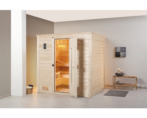 Sauna z masivního dřeva Weka Bergen HT vel.1.8 vč. 7,5 kW kamen a digitálního ovládání bez okna se dřevěnými dveřmi a tepelně izolačním sklem