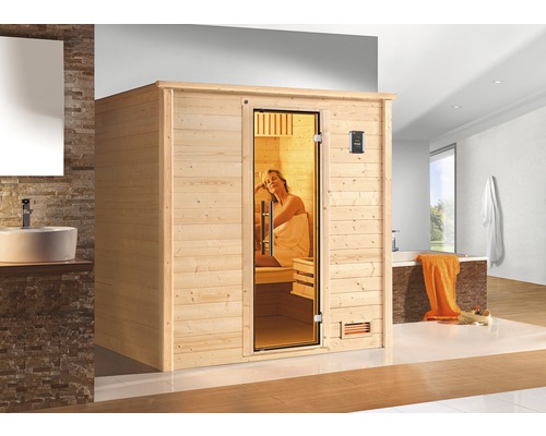 Sauna z masivního dřeva Weka Bergen GT vel.1.8 vč. 7,5kW kamen a digitálního ovládání bez okna s celoskleněnými dveřmi v grafitové barvě