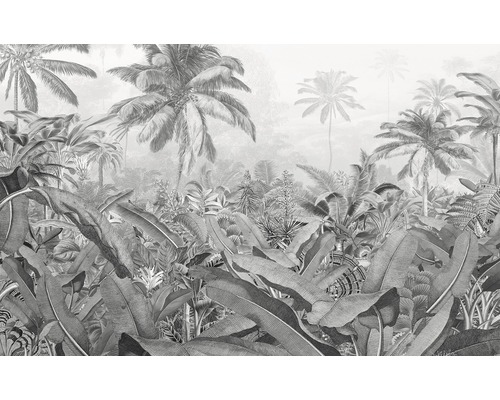 Fototapeta vliesová P013-VD4 Pure Amazonia Black and White 4-dílná 400x250 cm Tropický les jako tapetový vzor s palmami a velkými listy