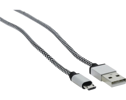 Kabel USB-A na Micro-USB s černo-bílým opleteným textilním pláštěm a stříbrnými konektory.