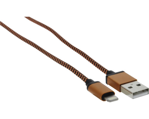 Datový nabíjecí kabel MFI 8PIN VIN 2,5m oranžový Nabíjecí a datový kabel USB-A na Lightning s hnědo-černým opleteným pláštěm a kovovými konektory v barvě mědi.