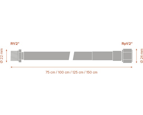 Rozměry rohového ventilu spotřebiče s připojením R 1/2 palce a Rp 1/2 palce v délkách 75 cm až 150 cm