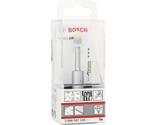 Logo Bosch. Vrták na dlaždice EasyDr Ceramic o průměru 6 mm v balení.