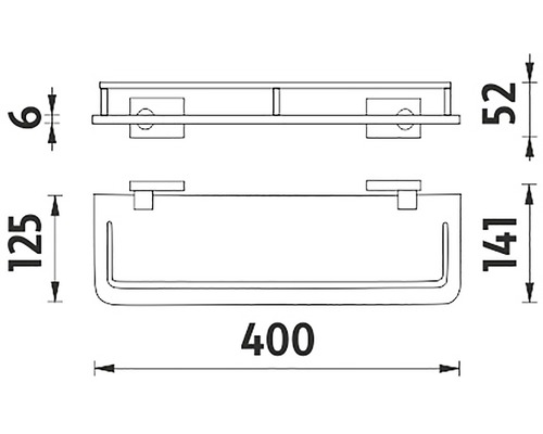 Technický výkres sprchové poličky o rozměrech 400 x 125 x 141 mm