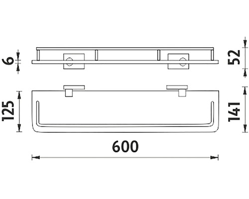 Technický výkres držáku na ručníky s policí, rozměry v milimetrech