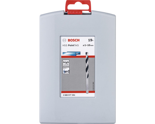 Logo Bosch. Sada vrtáků HSS PointTeQ, 19 dílů, průměr 1 až 10 milimetrů.