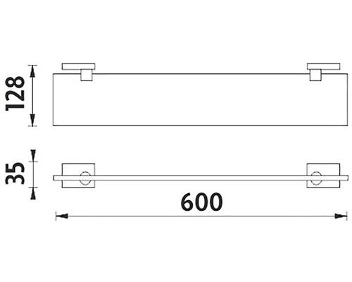 Technický nákres koupelnové police s držákem na ručníky a rozměry