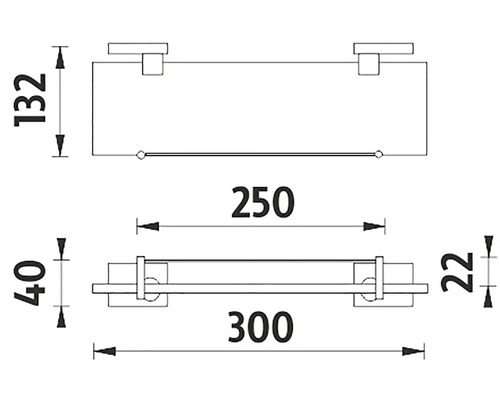 Technický výkres koupelnové police s rozměry.
