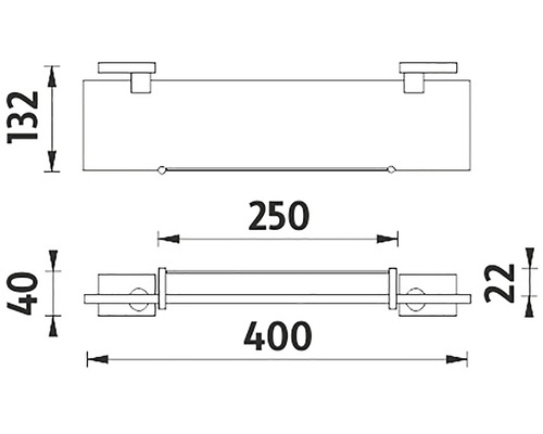 Technický výkres koupelnové police o rozměrech 400 x 132 x 40 mm.
