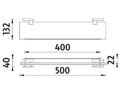 Technický nákres koupelnové police s rozměry.