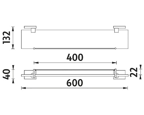Technický nákres skleněné police s rozměry 600 x 400 x 132 mm
