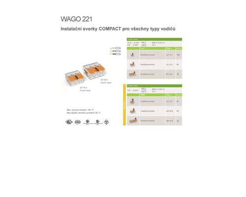 Instalační svorky Wago 221 Compact pro všechny typy vodičů
