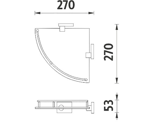 Technický výkres rohové police s rozměry