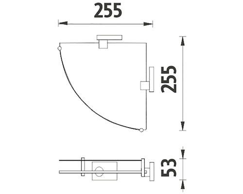 Technický výkres rohové sprchové police o rozměrech 255 x 255 x 53 milimetrů.