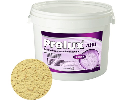 Tenkovrstvá omítka Prolux AHO 2 mm tónovaná 25 kg Kbelík s akrylátovou tenkovrstvou omítkou Prolux AHO a vzorek