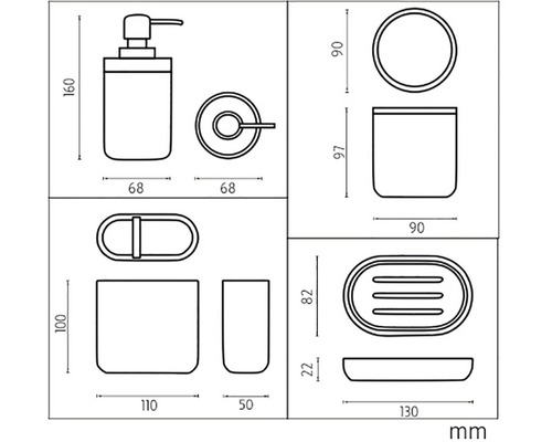 Technický výkres koupelnové sady s dávkovačem mýdla, kruhem na ručníky, kelímkem, miskou na mýdlo a kelímkem na zubní kartáčky s rozměry v milimetrech