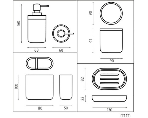 Technický výkres koupelnové sady s dávkovačem mýdla, kruhem na ručník, kelímkem na zubní kartáčky, miskou na mýdlo a kelímkem s rozměry
