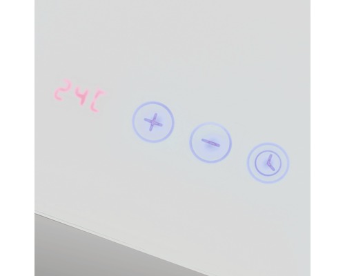 Detail ovládacích prvků zrcadla s ukazatelem teploty, symbolem plus minus a symbolem hodin