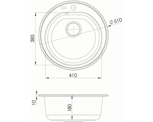 Technický nákres kulatého dřezu o rozměrech průměr 510 mm, délka 385 mm, šířka 410 mm a výška 180 mm.