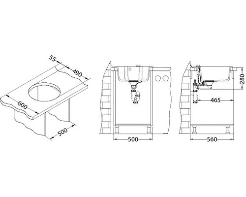 Technický nákres skříňky pod umyvadlo s rozměry