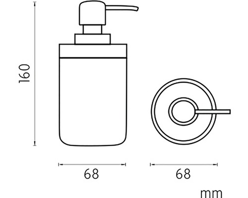 Technický výkres dávkovače mýdla a držáku na ručníky s rozměry.
