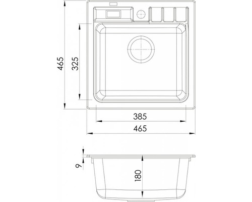 Technický výkres dřezu s rozměry