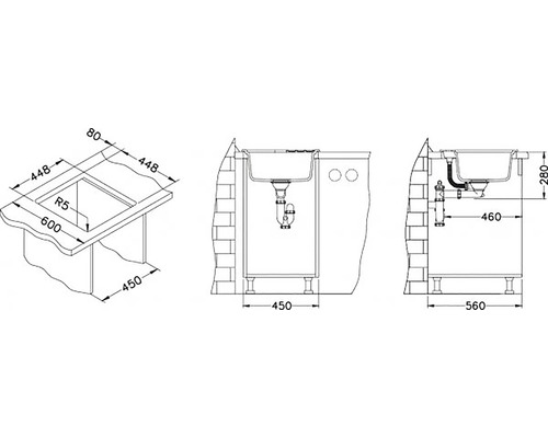 Technický nákres dřezu s rozměry