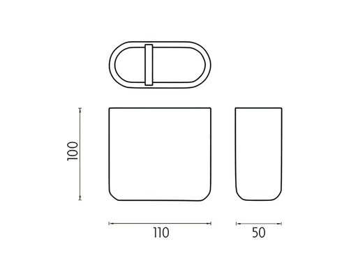 Technický nákres sady koupelnových doplňků s dávkovačem mýdla, kelímkem a miskou na mýdlo s rozměry