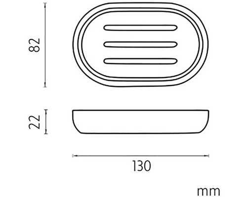 Technický výkres misky na mýdlo o rozměrech 82 mm výška, 22 mm hloubka a 130 mm šířka.