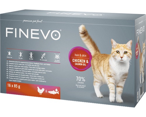 Kapsička pro kočky FINEVO Hair&Skin kuřecí s lososovým olejem 16 x 85 g