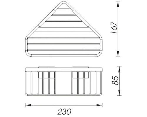 Technický nákres rohové police s rozměry
