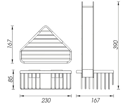 Technický výkres rohové police s rozměry
