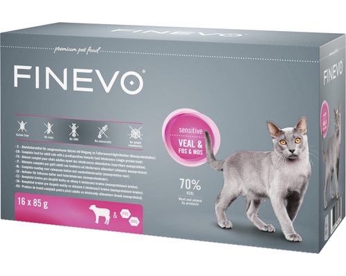 Kapsička pro kočky FINEVO Sensitive Cat telecí 16 x 85 g Krmivo pro kočky Finevo sensitive s telecím masem a FOS a MOS v balení 16 krát 85 gramů