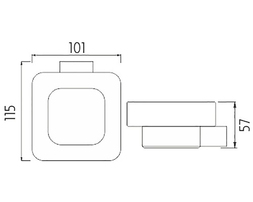 Technický nákres dávkovače o rozměrech 101 x 115 x 57 mm
