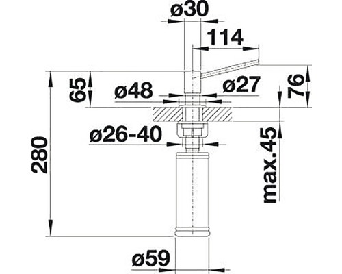 Rozměrový nákres armatury s údaji o průměru v milimetrech