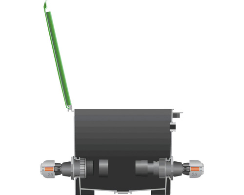 Připojovací krabice s otevřeným víkem a kabelovými průchodkami.