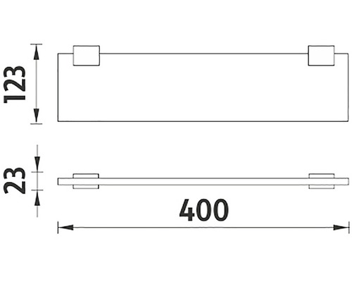 Technický nákres nástěnné police o rozměrech 400 x 123 x 23 milimetrů.