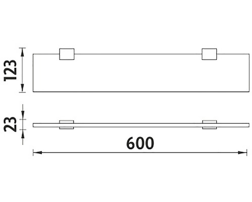 Technický nákres nástěnné police o rozměrech 123 x 23 x 600 milimetrů