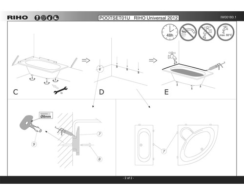 Montážní návod pro vanu s kroky a symboly