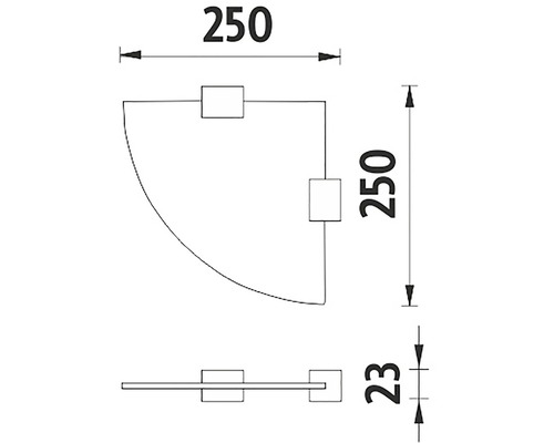 Technický nákres držáku na ručníky o rozměrech 250 x 250 x 23 milimetrů.