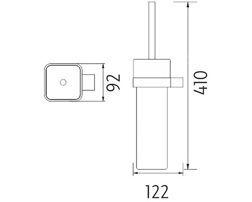 Technický nákres soupravy WC s rozměry 410 mm výška, 92 mm hloubka a 122 mm šířka.